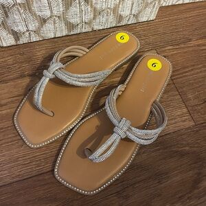 Madden Girl Beaded Bow Toe-Ring Sandals in Tan